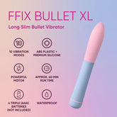 Image of an advertisement for the "Femme Funn FFIX Bullet XL - Blue," a long slim bullet vibrator by Femme Funn. Features include 10 vibration modes, a powerful motor, waterproof design, and construction from ABS plastic and premium silicone. With an approximate 60-minute run time and powered by 4 AAA batteries (not included), it's the ideal choice.